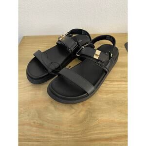 NWOT Steve Madden Breen Mona Leather Sandal Black Strap Gold Detail Youth 4 |W 6